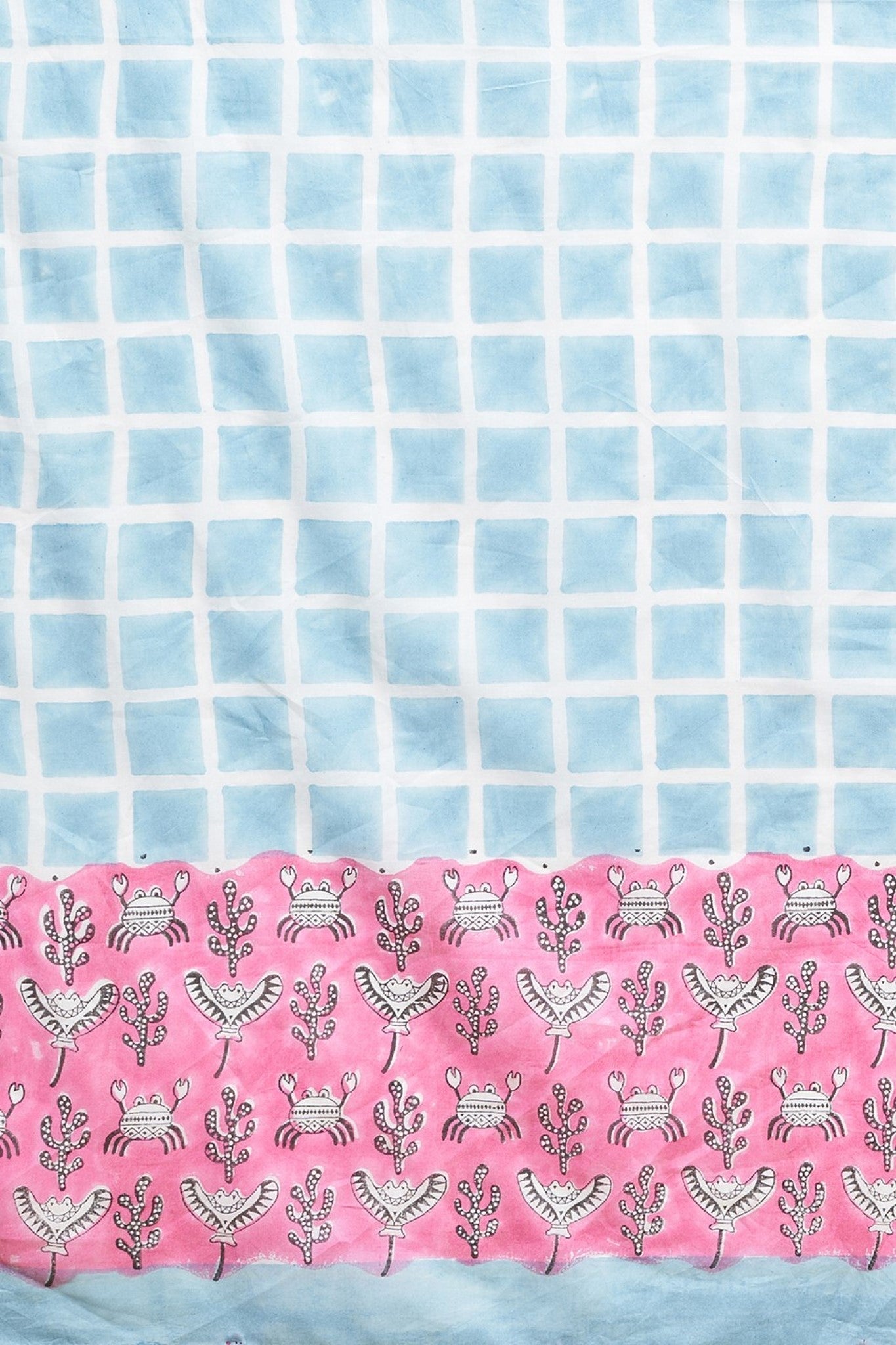 "Crab In Pink'' Block Printed Cotton Saree - SootiSyahi