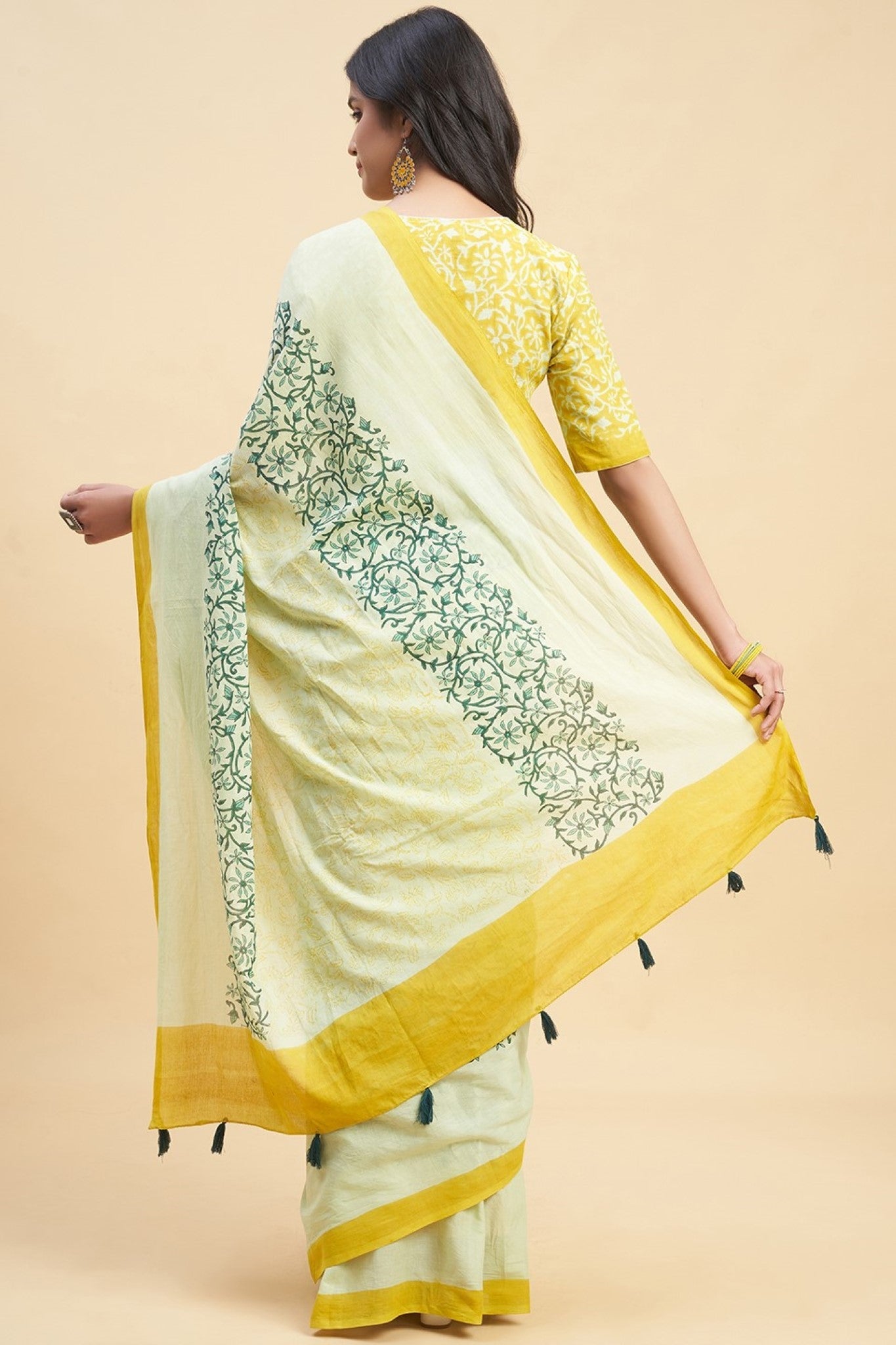 "Crape Myrtle Musterd" HANDBLOCK PRINT MUL COTTON SAREE - SootiSyahi