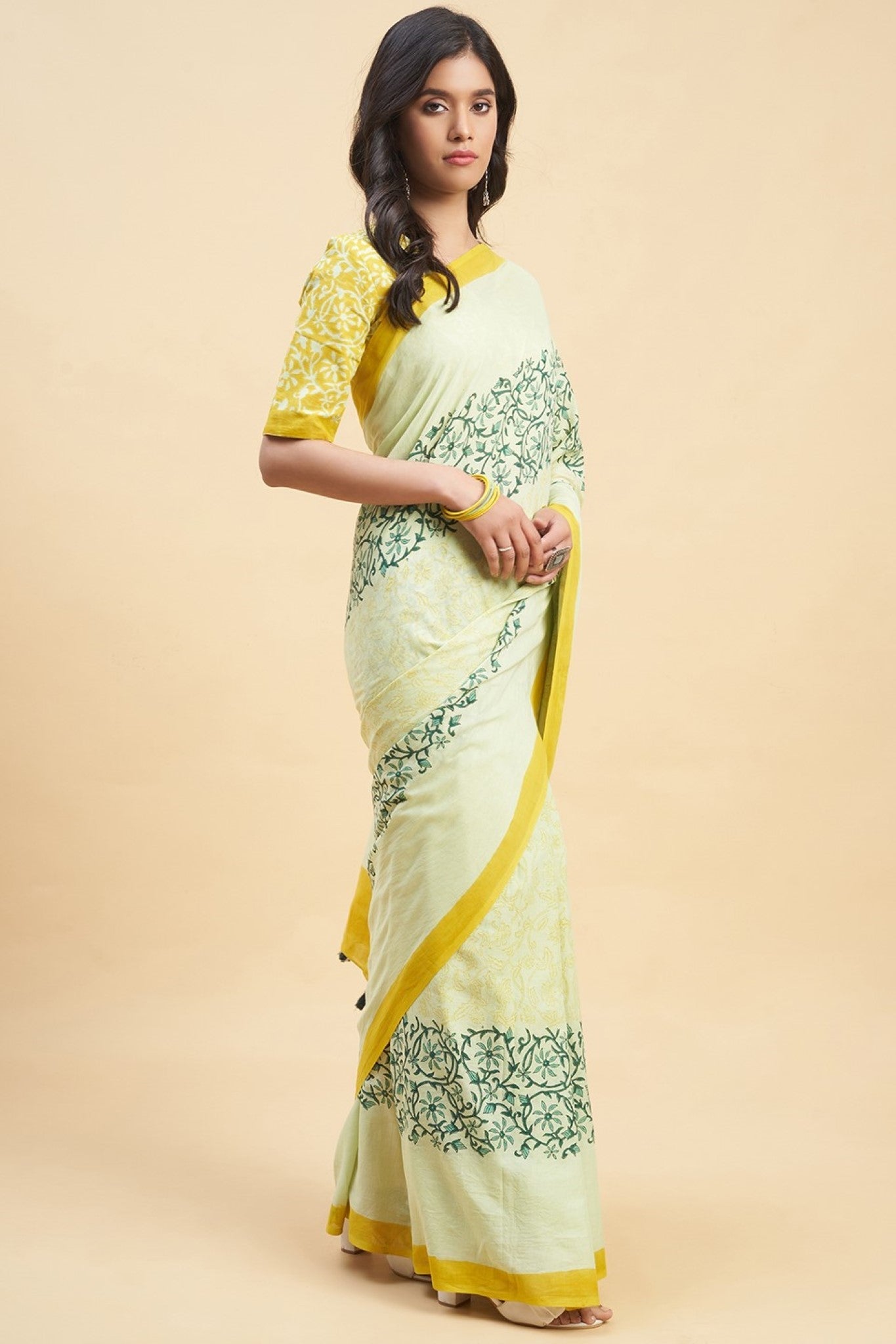 "Crape Myrtle Musterd" HANDBLOCK PRINT MUL COTTON SAREE - SootiSyahi