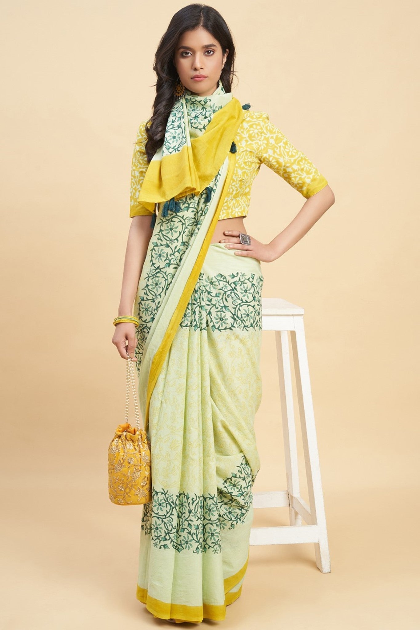 "Crape Myrtle Musterd" HANDBLOCK PRINT MUL COTTON SAREE - SootiSyahi