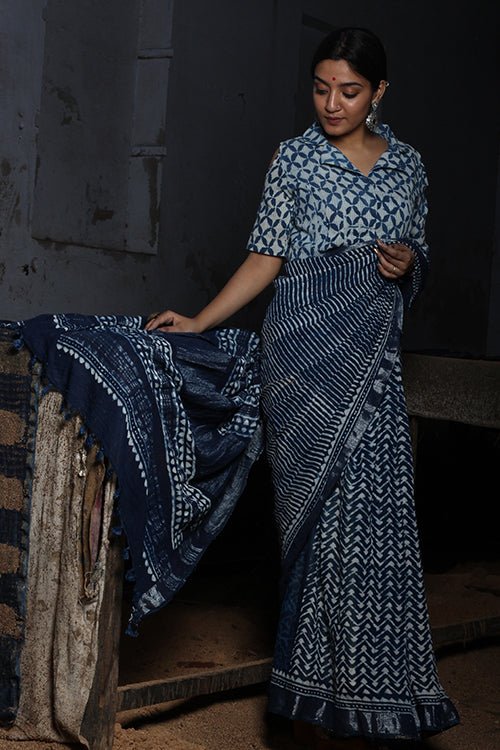 Linen Cotton Bagru Hand-Block Printed Saree-Indigo