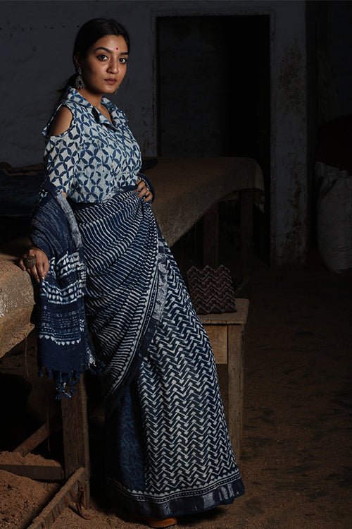 dotting on you indigo dabu handblock print slub cotton saree 206444