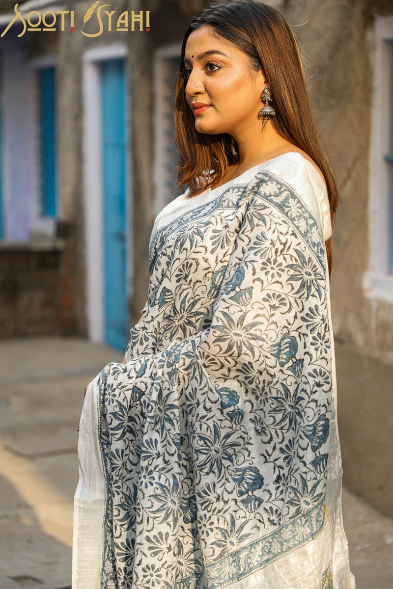 "ECCENTRIC" HANDBLOCK PRINT SLUB COTTON SAREE - SootiSyahi