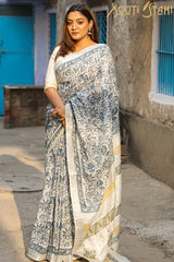 "ECCENTRIC" HANDBLOCK PRINT SLUB COTTON SAREE - SootiSyahi