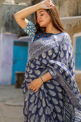 "EMINENCE" HANDBLOCK PRINT SLUB COTTON SAREE - SootiSyahi
