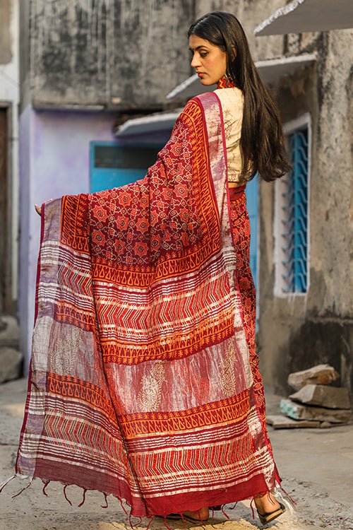 "ESTEEM" HANDBLOCK PRINT SLUB COTTON SAREE - SootiSyahi