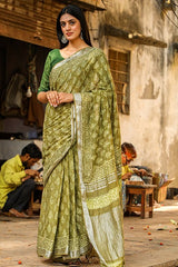 "EUPHORIA" KASHISH DABU HANDBLOCK PRINT SLUB COTTON SAREE - SootiSyahi