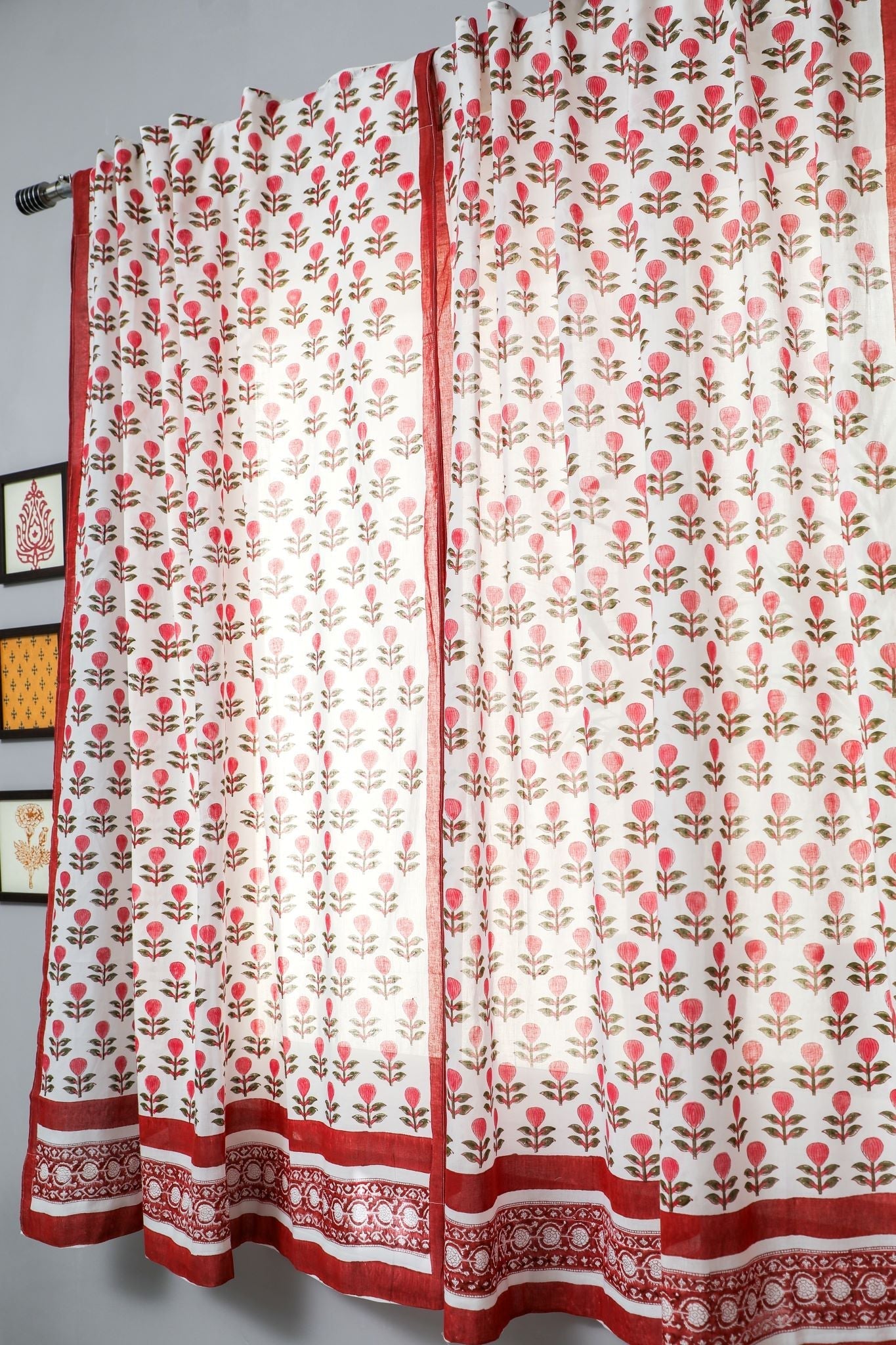 'Evergreen cherry' Handblock Printed Cotton Window Curtain - SootiSyahi