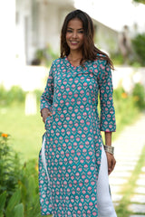 Evergreen Enigma Handblock Printed Cotton Kurti - SootiSyahi