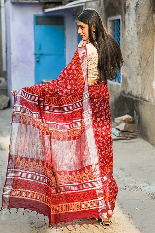 "EXEBURANCE" HANDBLOCK PRINT SLUB COTTON SAREE - SootiSyahi