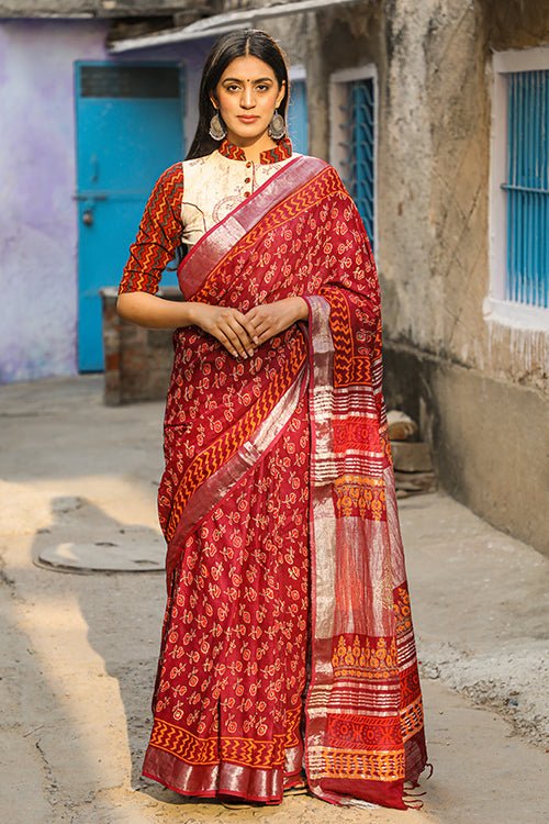 "EXEBURANCE" HANDBLOCK PRINT SLUB COTTON SAREE - SootiSyahi