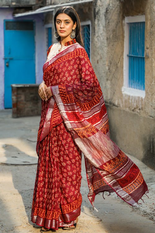 "EXEBURANCE" HANDBLOCK PRINT SLUB COTTON SAREE - SootiSyahi