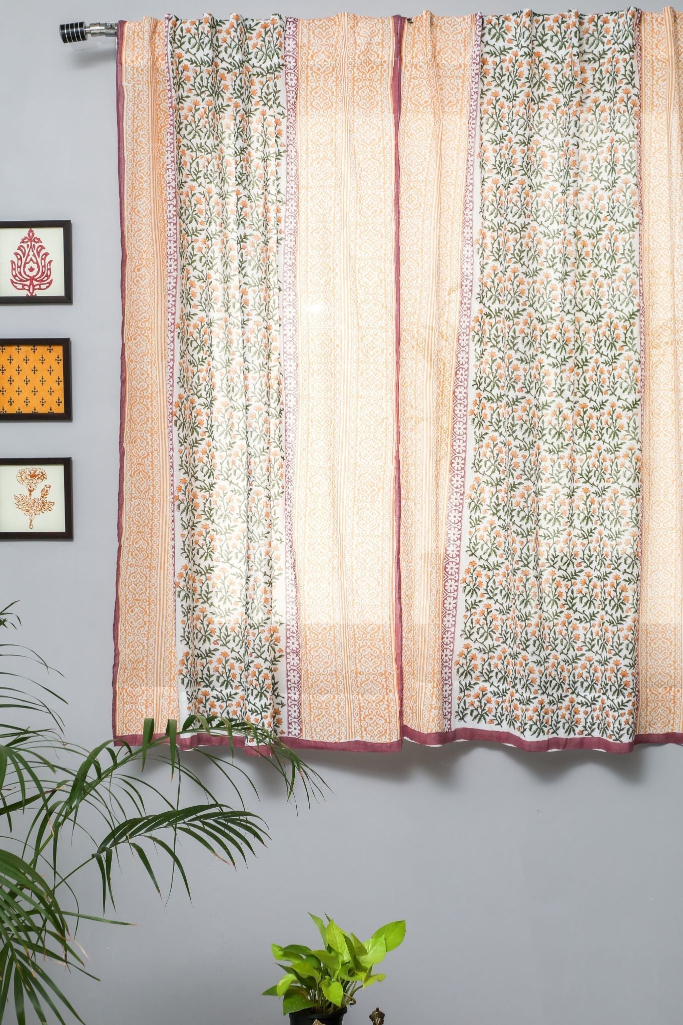 'Fairyland yellow' Handblock Printed Cotton Window Curtain - SootiSyahi