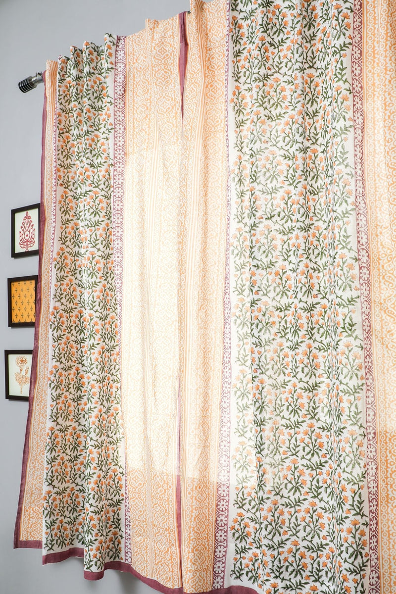 'Fairyland yellow' Handblock Printed Cotton Window Curtain - SootiSyahi