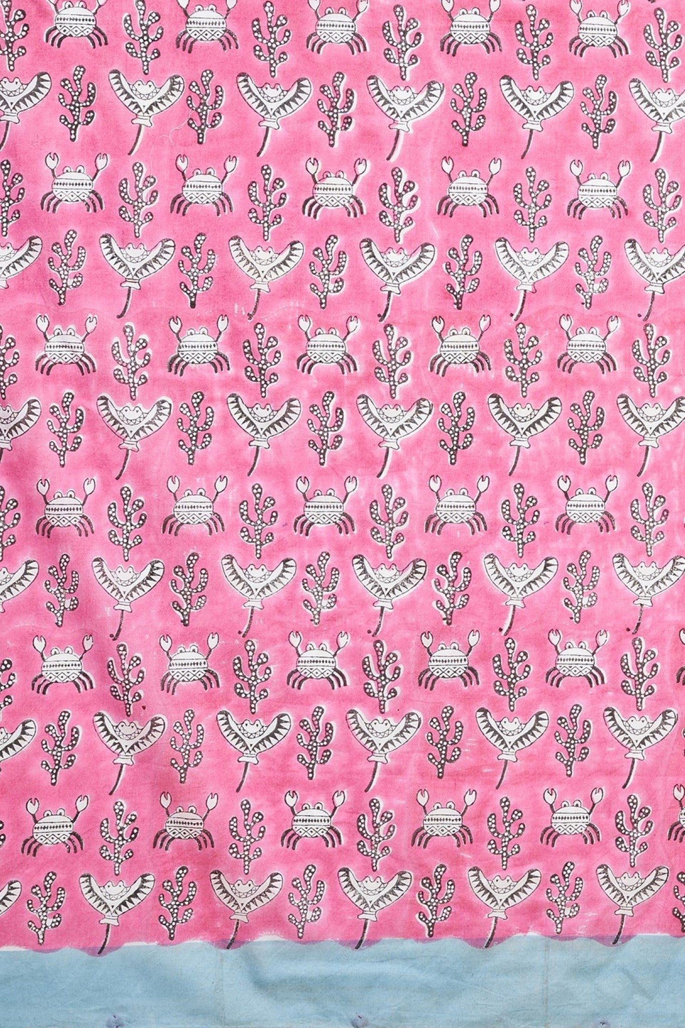 "Fiddler Pink Crab" Block Printed Cotton Saree - SootiSyahi