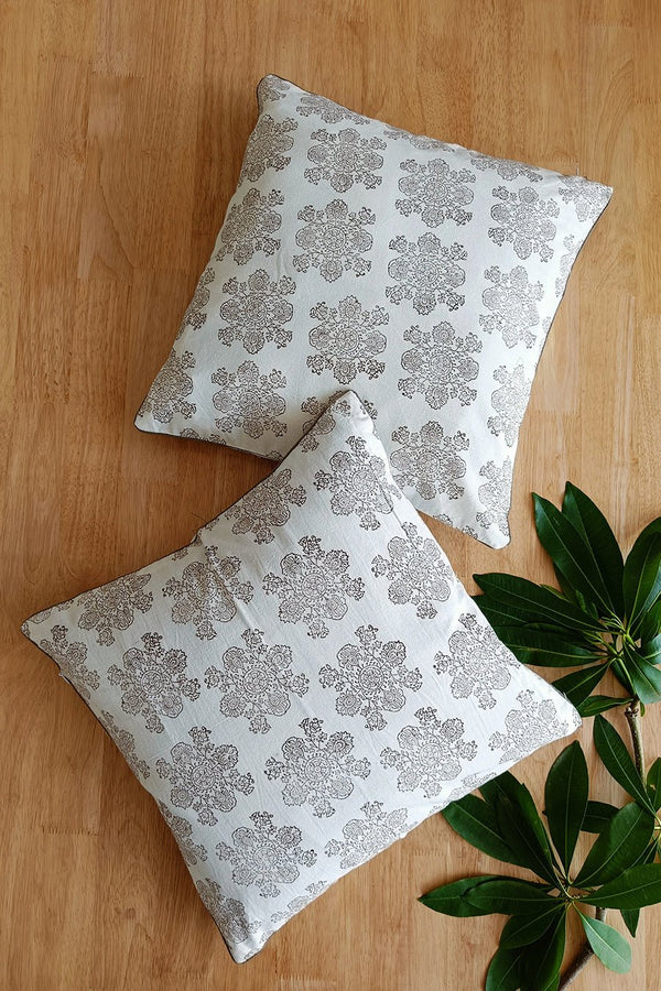 'Floral Lines' Hand Printed Cotton Cushion Set Of Two - SootiSyahi