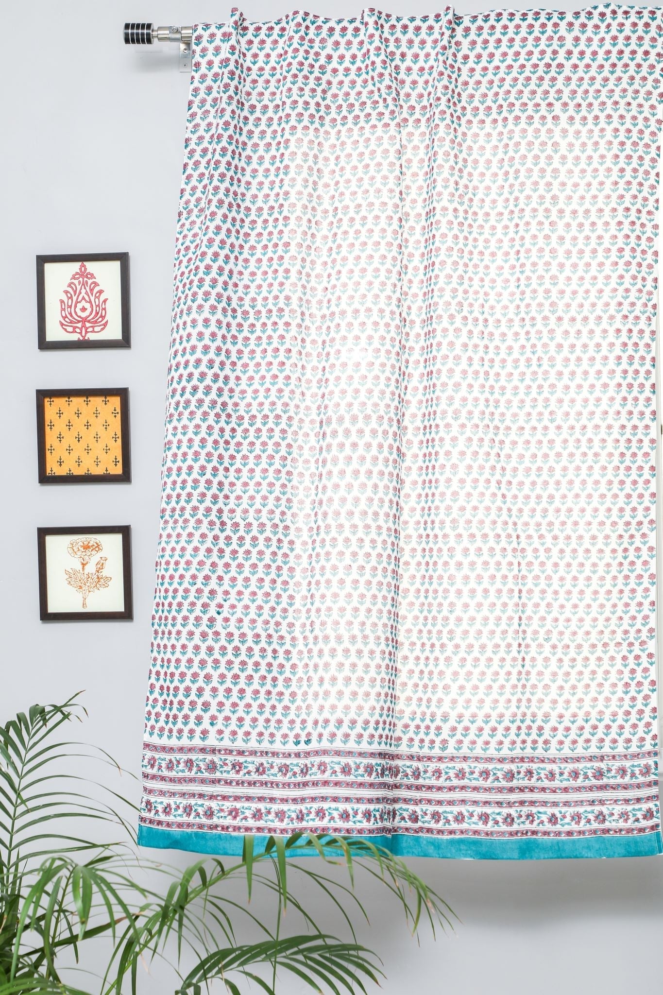 'Florel Sprouts' Handblock Printed Cotton Window Curtain - SootiSyahi
