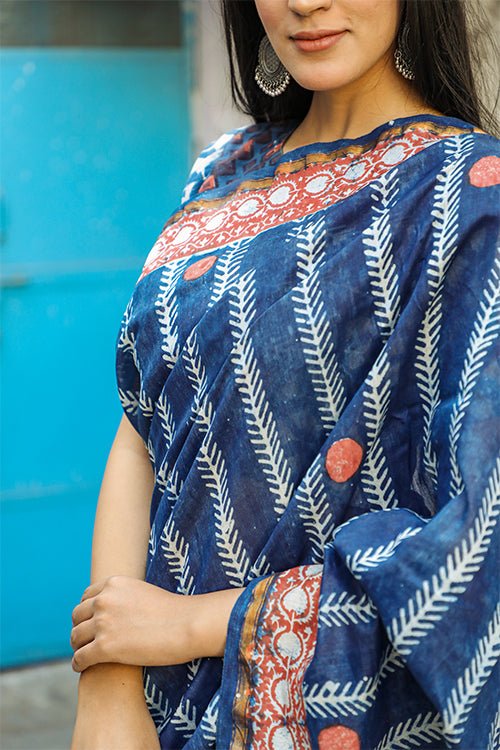 "GALAXY" INDIGO HANDBLOCK PRINT CHANDERI SILK - SootiSyahi