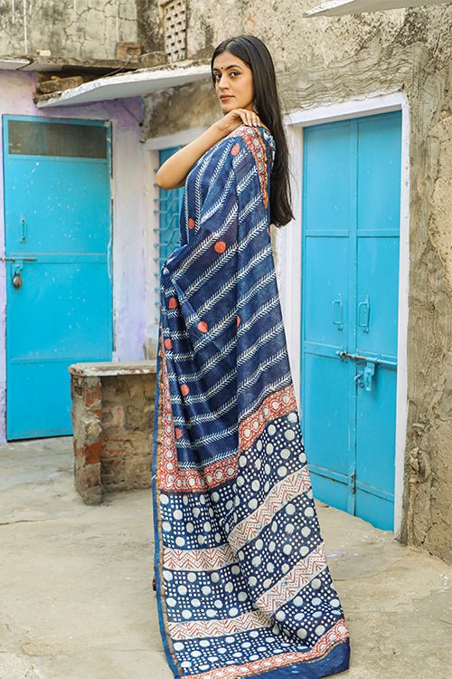 "GALAXY" INDIGO HANDBLOCK PRINT CHANDERI SILK - SootiSyahi