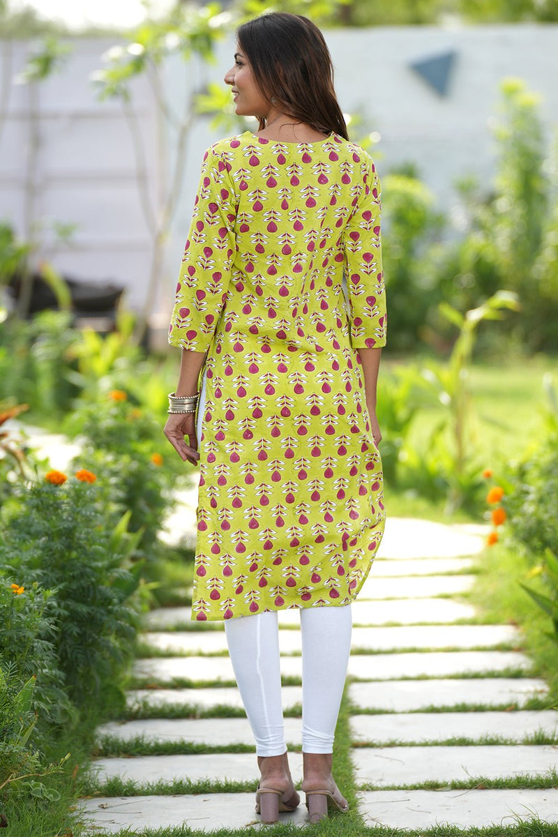 Garnet Garden Handblock Printed Cotton Kurti - SootiSyahi