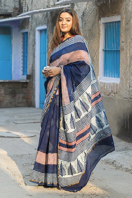"GAZE" INDIGO HANDBLOCK PRINT CHANDERI SILK SAREE - SootiSyahi