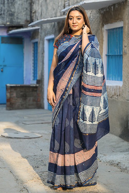 "GAZE" INDIGO HANDBLOCK PRINT CHANDERI SILK SAREE - SootiSyahi
