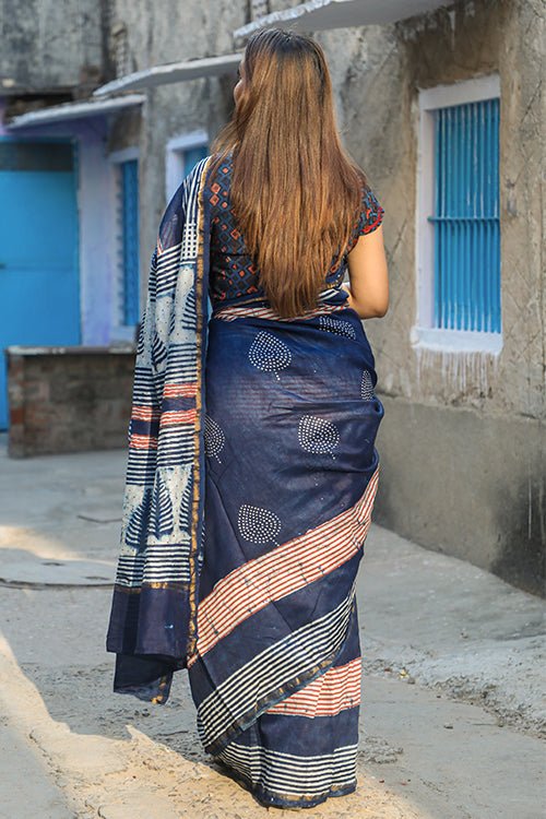 "GAZE" INDIGO HANDBLOCK PRINT CHANDERI SILK SAREE - SootiSyahi