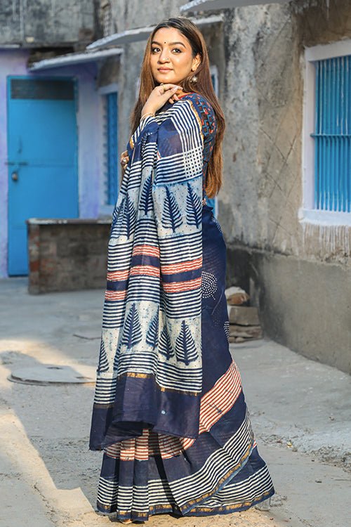 "GAZE" INDIGO HANDBLOCK PRINT CHANDERI SILK SAREE - SootiSyahi