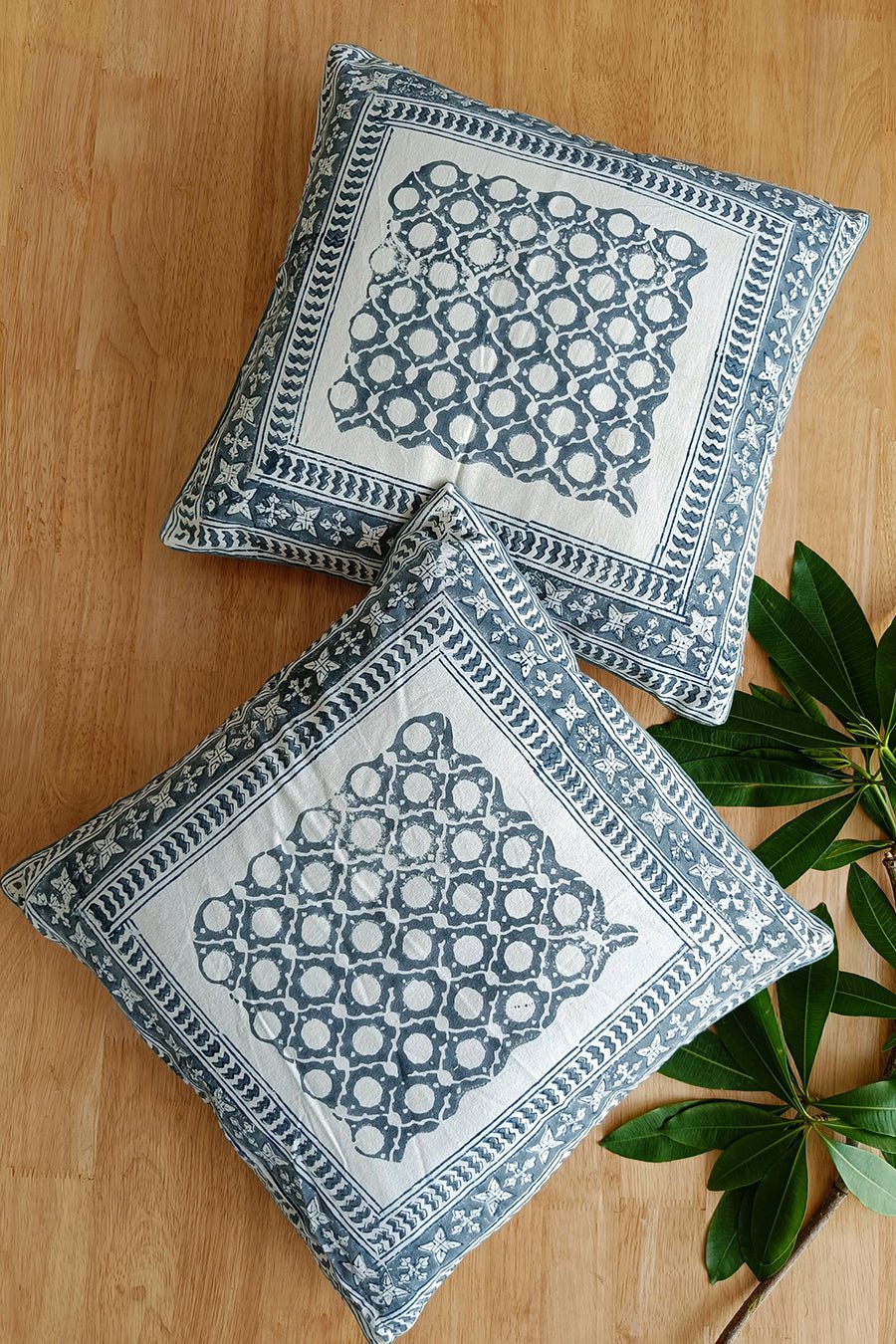 'Geometric era' Hand Printed Cotton Cushion Set Of Two - SootiSyahi
