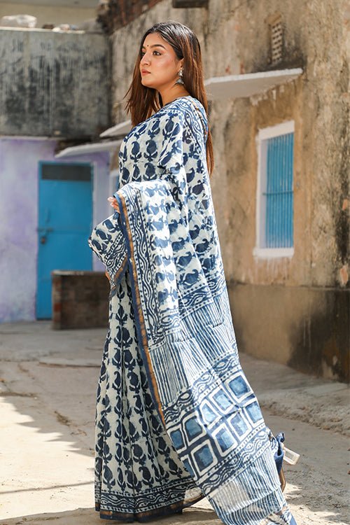 "GLORY" INDIGO HANDBLOCK PRINT CHANDERI SILK SAREE - SootiSyahi