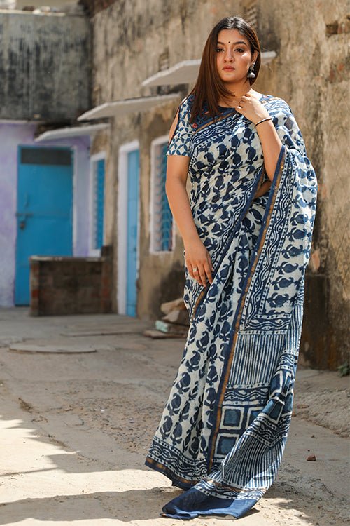 "GLORY" INDIGO HANDBLOCK PRINT CHANDERI SILK SAREE - SootiSyahi