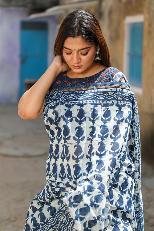 "GLORY" INDIGO HANDBLOCK PRINT CHANDERI SILK SAREE - SootiSyahi