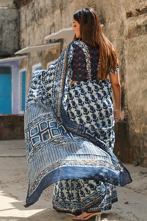 "GLORY" INDIGO HANDBLOCK PRINT CHANDERI SILK SAREE - SootiSyahi