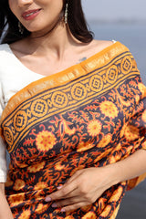 Glow of Autum Handblock Printed Chanderi Saree - SootiSyahi