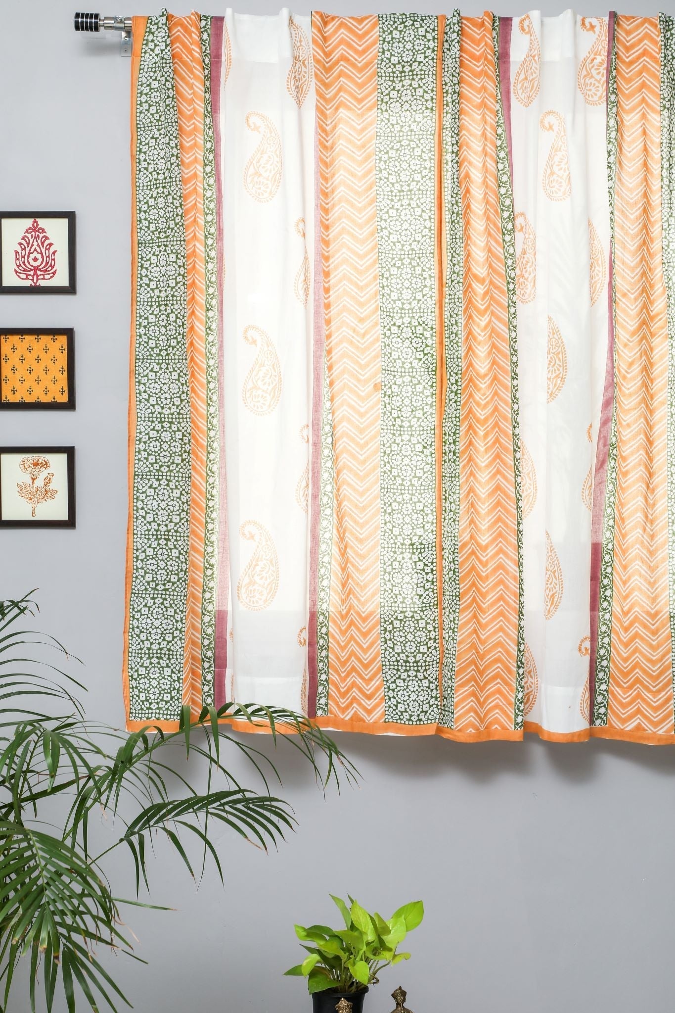 'Golden East' Handblock Printed Cotton Window Curtain - SootiSyahi