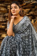 "GRACE" HANDBLOCK PRINT SLUB COTTON SAREE - SootiSyahi