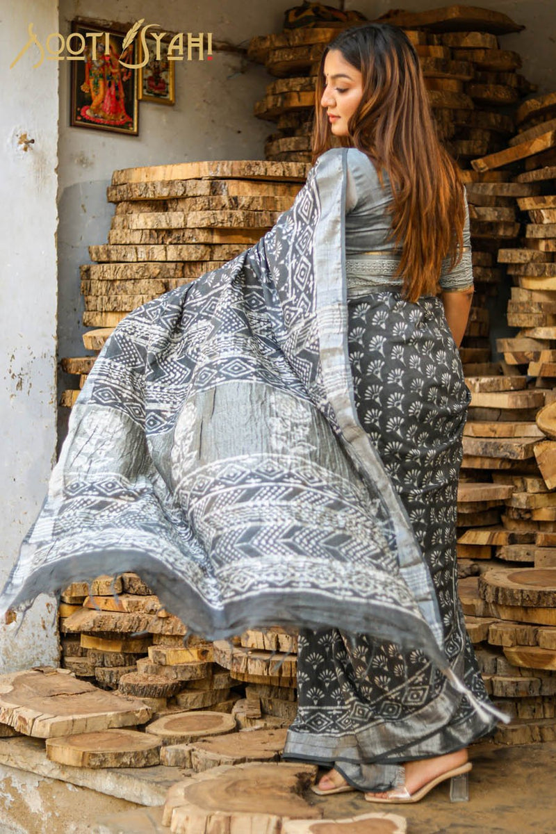 "GRACE" HANDBLOCK PRINT SLUB COTTON SAREE - SootiSyahi