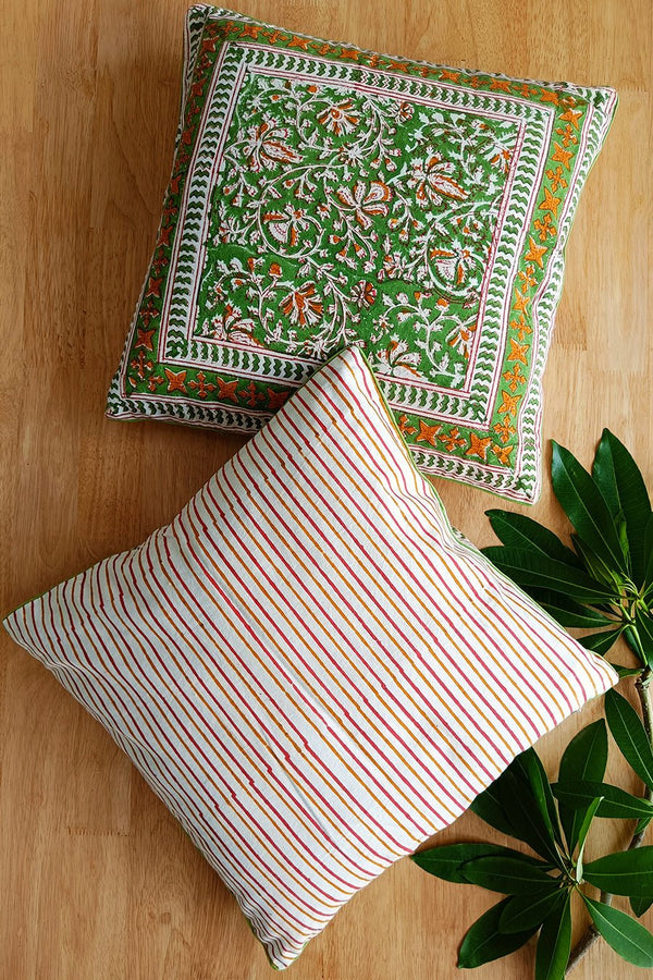 'Green Garden' Hand Printed Cotton Cushion Set Of Two - SootiSyahi