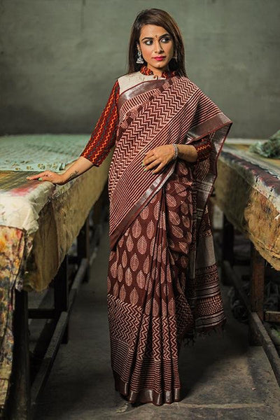 Pure Chanderi Silk Red Dabu Print Box Pattern Saree | Kishori