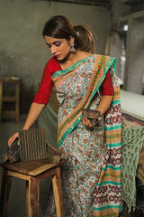 Handblock Kalamkari Print Chanderi Silk Saree - SootiSyahi