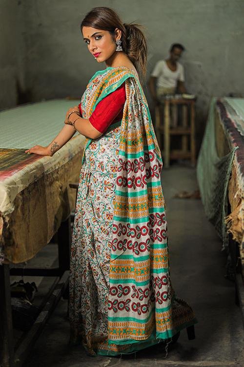 Handblock Kalamkari Print Chanderi Silk Saree - SootiSyahi