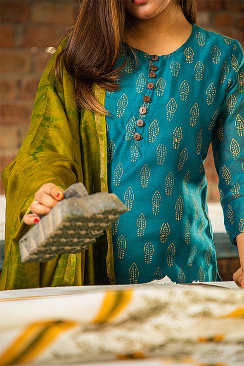 HANDBLOCK PRINT CHANDERI SILK KURTI - SootiSyahi