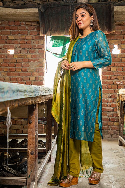 HANDBLOCK PRINT CHANDERI SILK KURTI - SootiSyahi