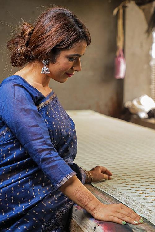 Handblock Print Chanderi Silk Saree - SootiSyahi