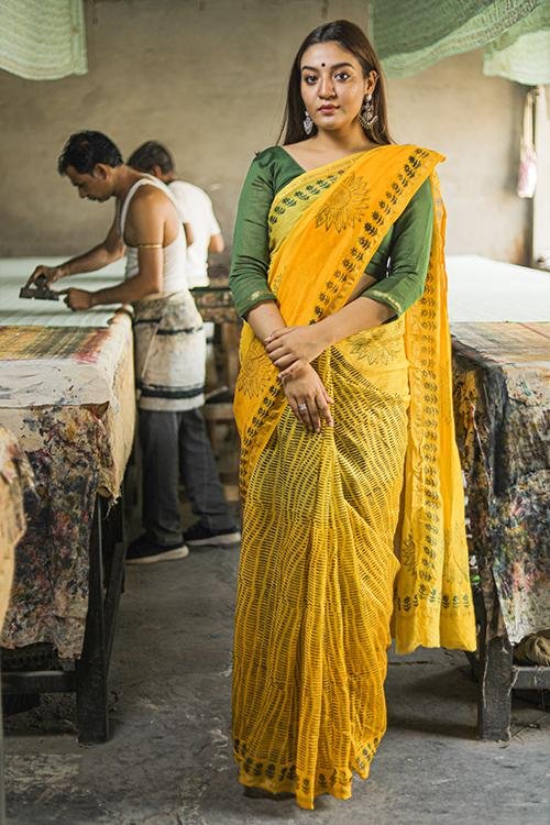 Handblock Print Chanderi Silk Saree - SootiSyahi