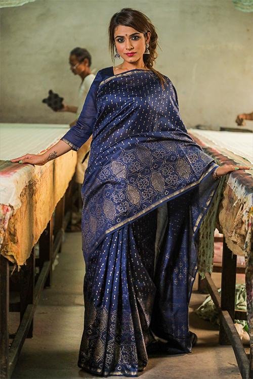 Handblock Print Chanderi Silk Saree - SootiSyahi