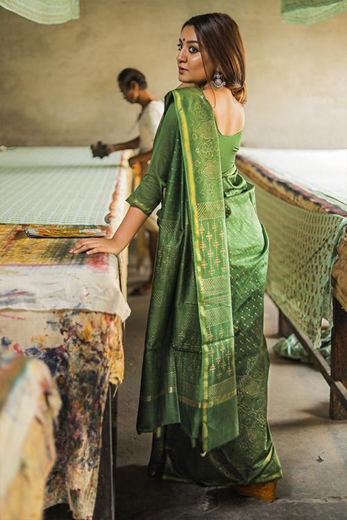 Handblock Print Chanderi Silk Saree - SootiSyahi