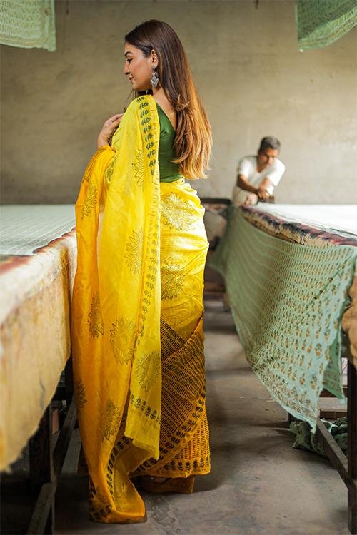 Handblock Print Chanderi Silk Saree - SootiSyahi
