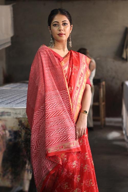 Handblock Print Maheshwari Silk Saree - SootiSyahi