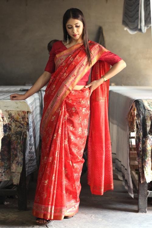 Handblock Print Maheshwari Silk Saree - SootiSyahi